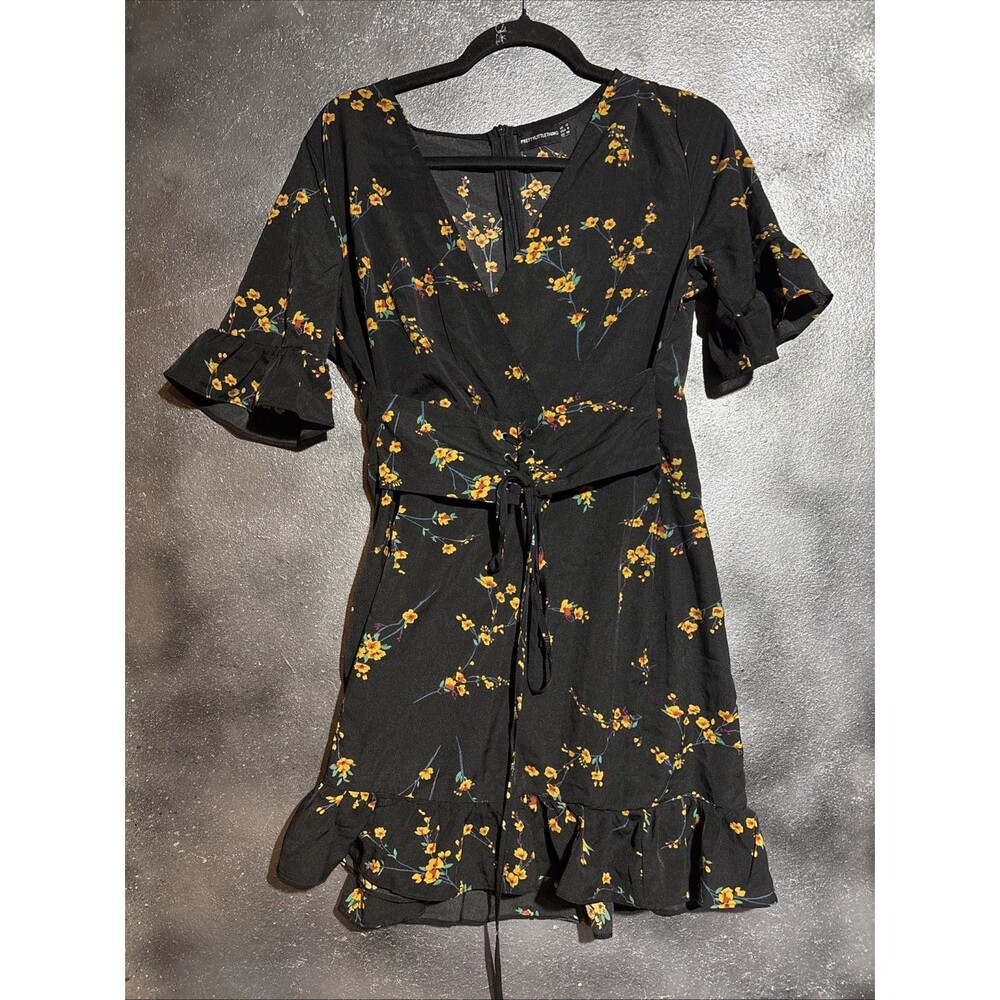 Pretty Little Thing Mini Dress Womens Size 8 Floral Corset Swing Black Yellow Fl